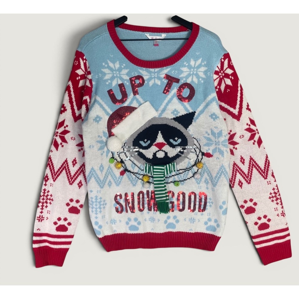 Grumpy Cat Ugly Christmas Sweater Womens XL Up To Snow Good No Boundaries
